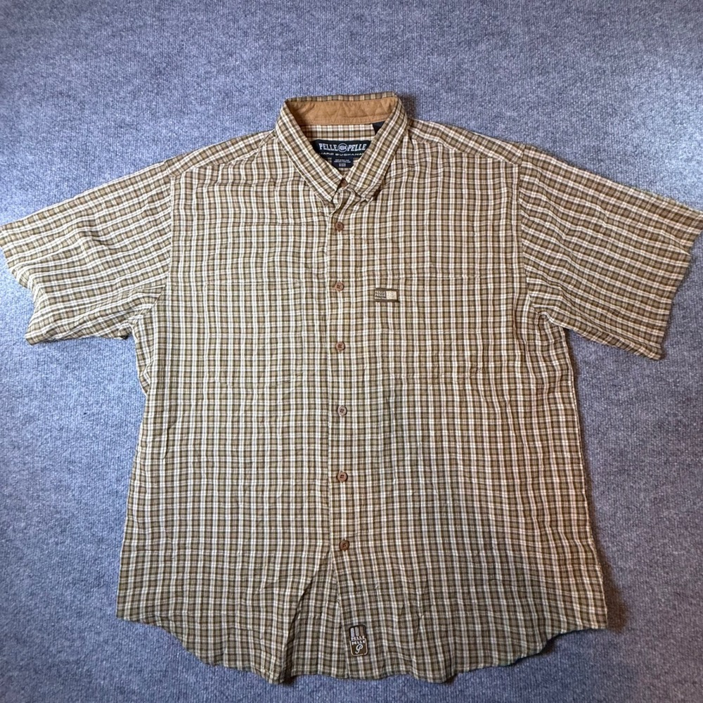 Pelle Pelle Marc Buchanan Mens XL Brown Plaid Short Sleeve Embroidered Shirt